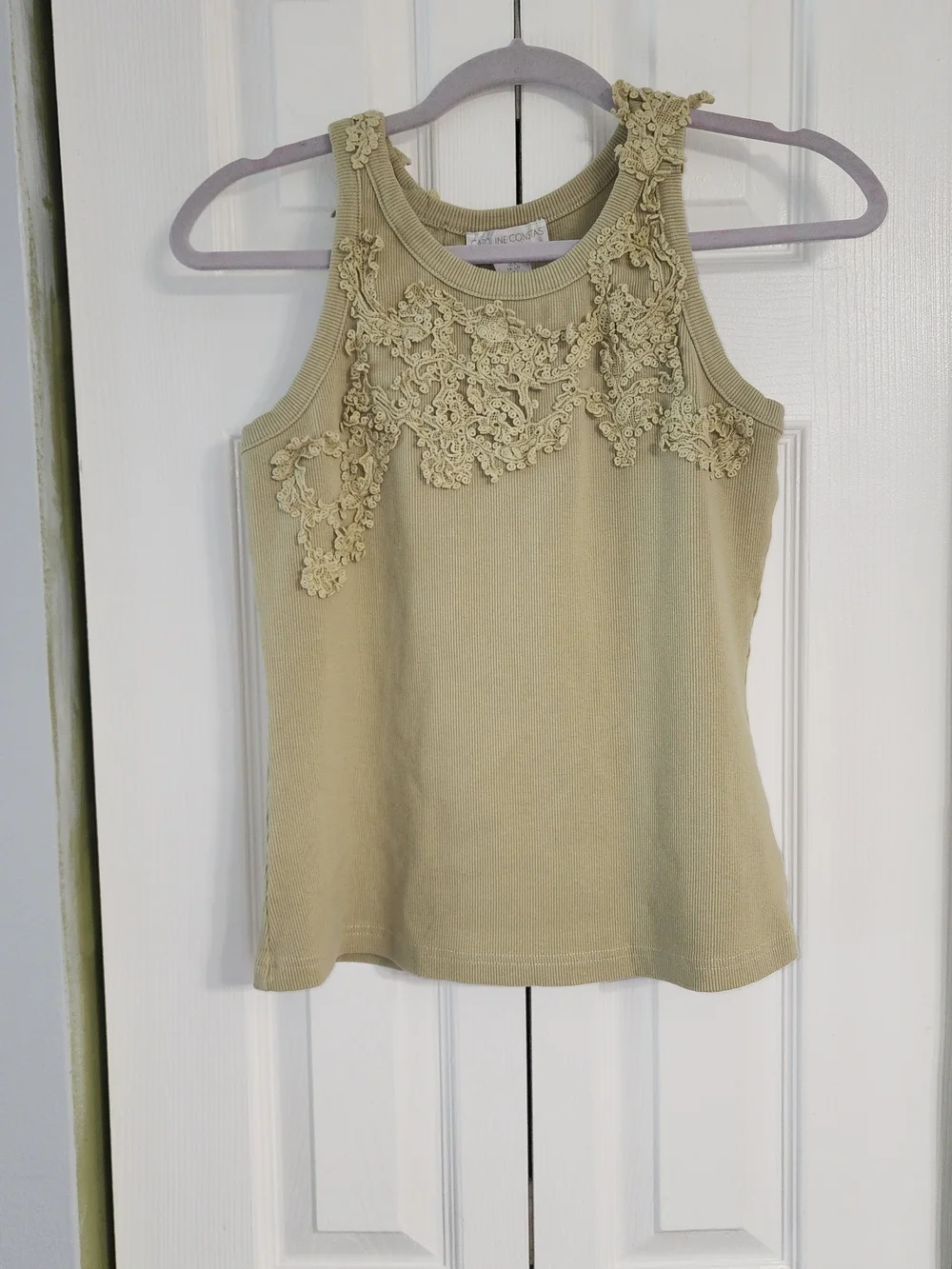 Caroline Constas Lace-Appliqué Ribbed Tank in Cream With Muted Sage Size L